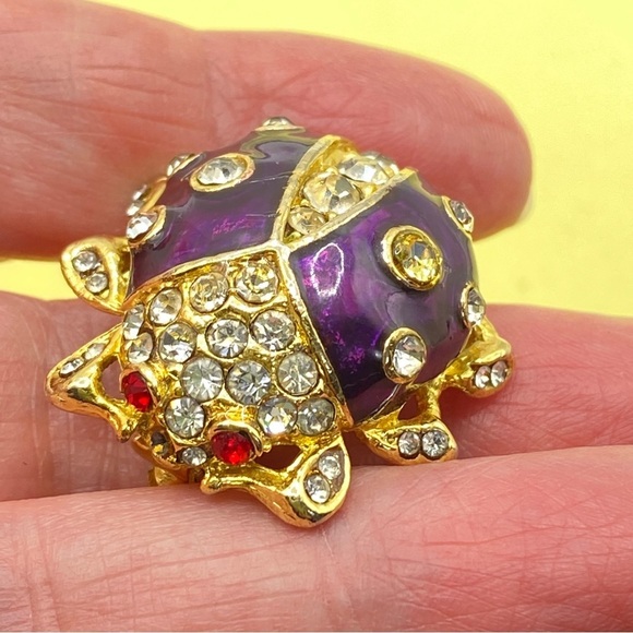 Ladybug Rhinestone Purple With Red Eyes Lady Bug Naturecore Vintage Brooch - Picture 3 of 7